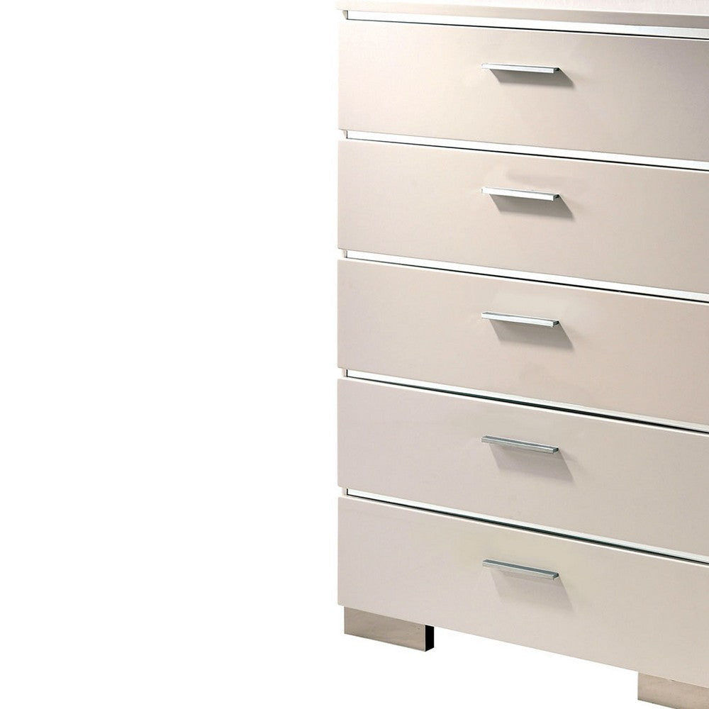 Wood and Metal Chest with 5 Drawers and Block Legs White and Silver BM203170