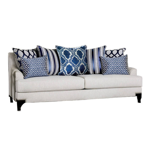 Fabric Upholstered Wooden Sofa with Throw Pillows, Light Gray