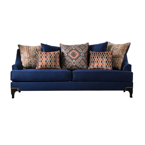 Wood and Chenille Fabric Upholstered Sofa with Throw Pillows, Blue