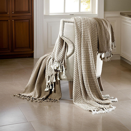 Montgeron Throw | Herringbone Cotton | Set of 2 | Brown & White