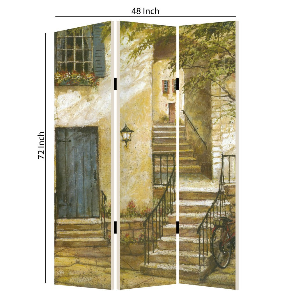 Foldable 3 Panel Canvas Screen with Europe Promenade Print Multicolor BM205403