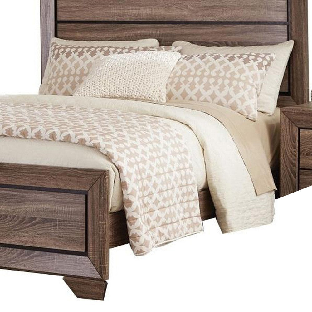 Transitional Style Eastern King Bed with Plank Headboard Taupe Brown