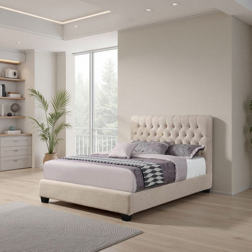 Queen Bed | Platform | Button Tufted Headboard | Beige