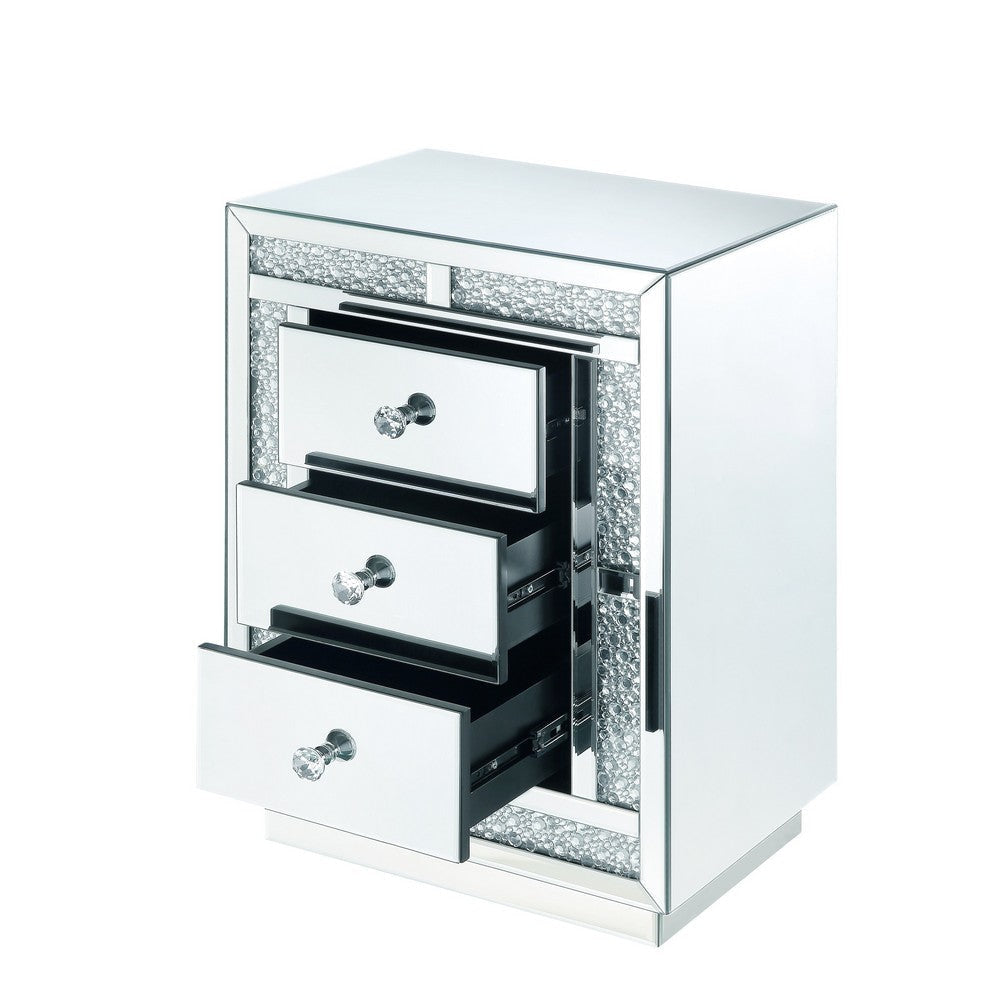 Mirrored Wooden Night Table with Flat Base and 3 Drawers Silver BM205599