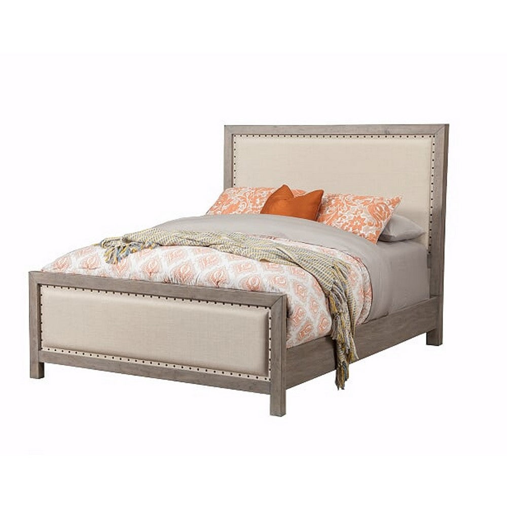 California King Fabric Upholstered Bed with Nailhead Trims, Gray and Beige