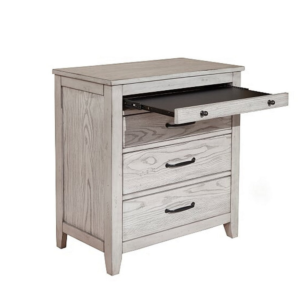 Transitional Style Three Drawer Nightstand with Pull Out Tray, Gray