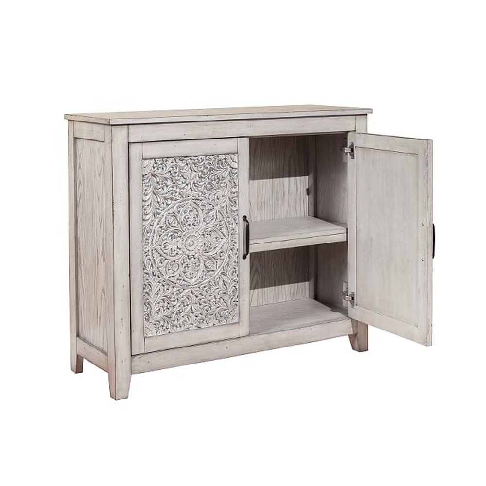 Wooden Chest with 2 Polyresin Carved Cabinets, Weathered Gray