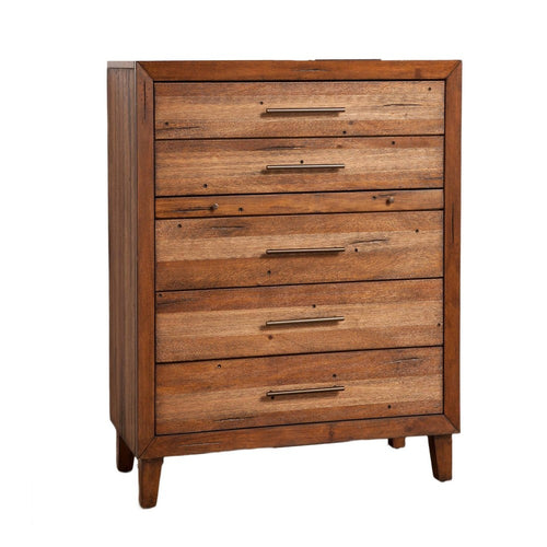 5 Drawer Wooden Chest with Metal Bar Handles and 1 Pull Out Tray, Brown