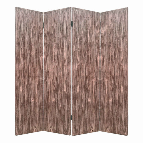 Textured and Bark Designed Wooden 4 Panel Room Divider , Natural Brown
