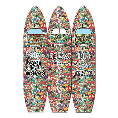 Beach Themed Surfboard Shaped 3 Panel Room Divider, Multicolor