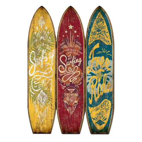 Beach Themed Surfboard Shaped 3 Panel Wooden Room Divider, Multicolor