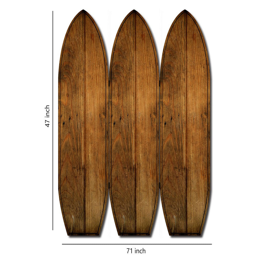 Plank Style Surfboard Shaped 3 Panel Wooden Room Divider Brown BM205782
