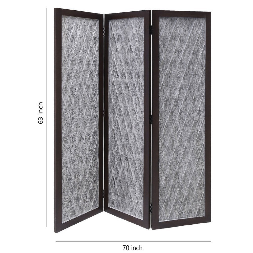 Wooden 3 Panel Room Divider with Textured Diamond Pattern Gray and Black BM205788