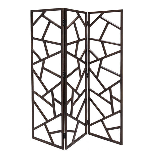 Wooden 3 Panel Room Divider with Intricate Design, Espresso Brown