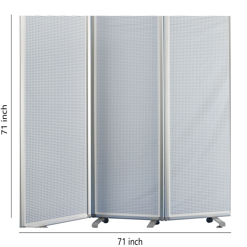 Accordion Style Metal 3 Panel Room Divider with Perforated Details White BM205795