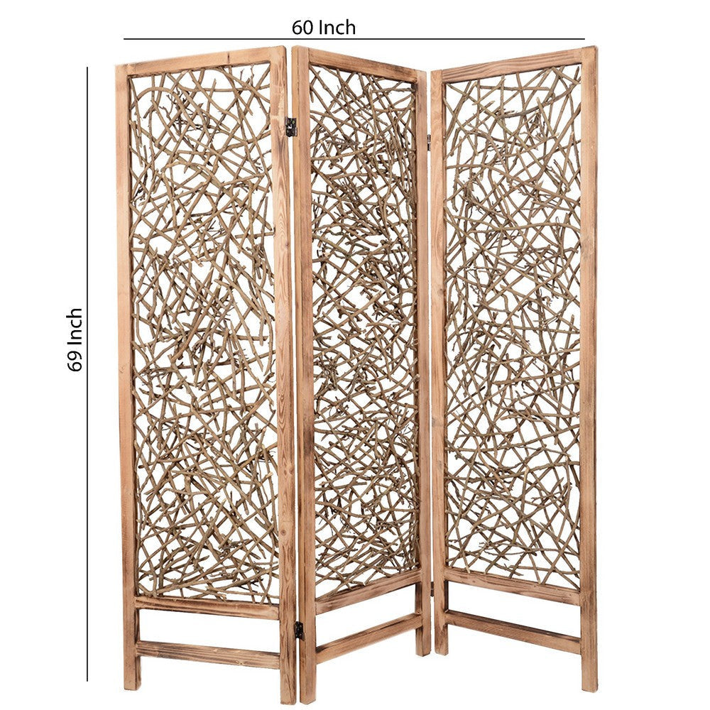 Contemporary 3 Panel Wooden Screen with Willow Branch Inset Brown BM205857