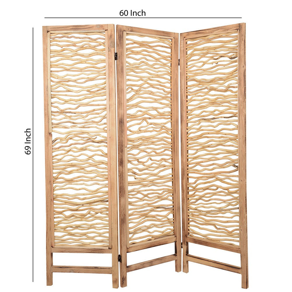 Contemporary 3 Panel Wood Screen with Horizontal Branch Design Brown BM205858