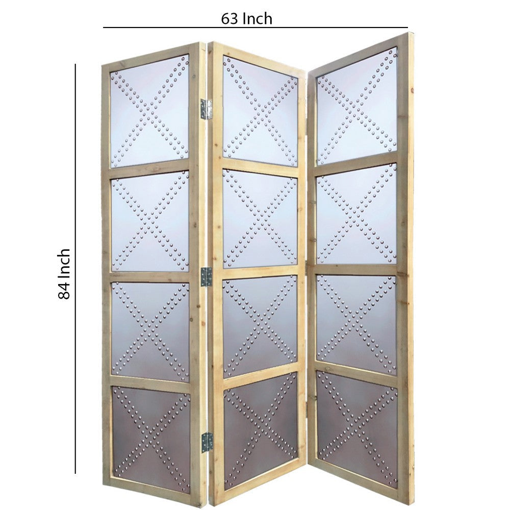 Contemporary 3 Panel Screen with Wood Frame & Nailhead Trim Design Gray BM205861