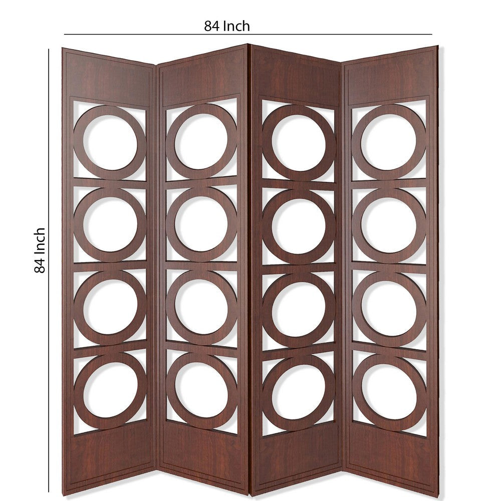 Transitional 4 Panel Wood Screen with Abstract Circular Design Brown BM205865
