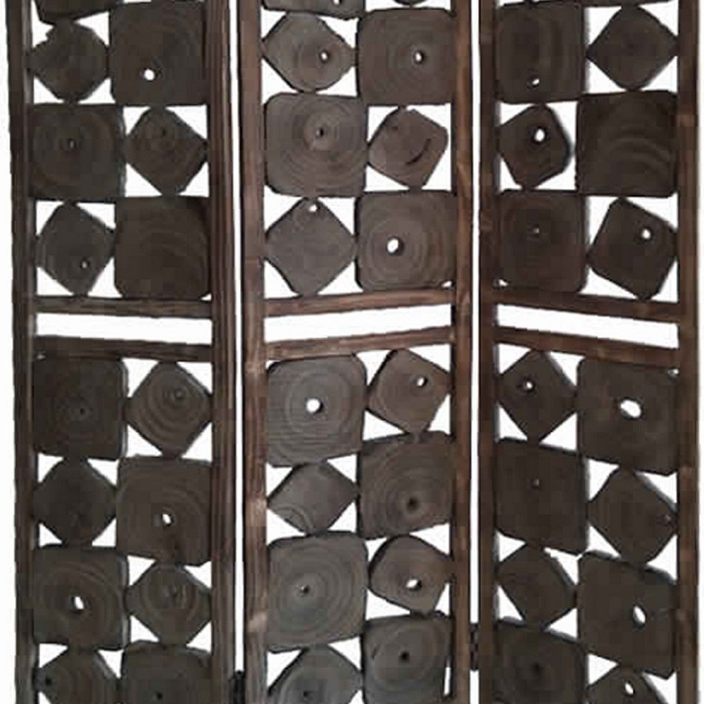 Contemporary 3 Panel Wooden Screen with Square Log Cut Inset, Brown