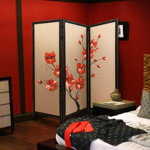 Room Divider | 3 Panel | Hand Painted Fabric | Wood | Red & Brown