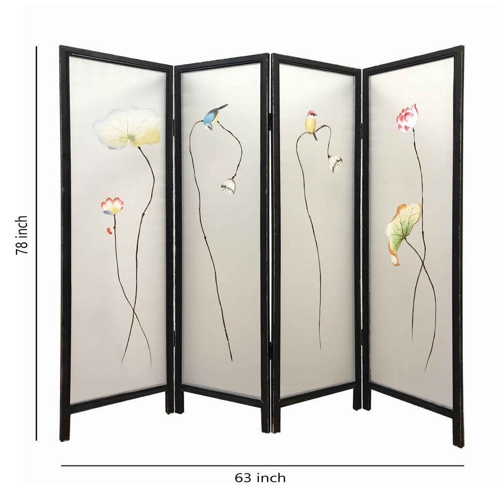 4 Panel Wooden Screen with Hand painted Fabric Design Brown & Beige BM205895