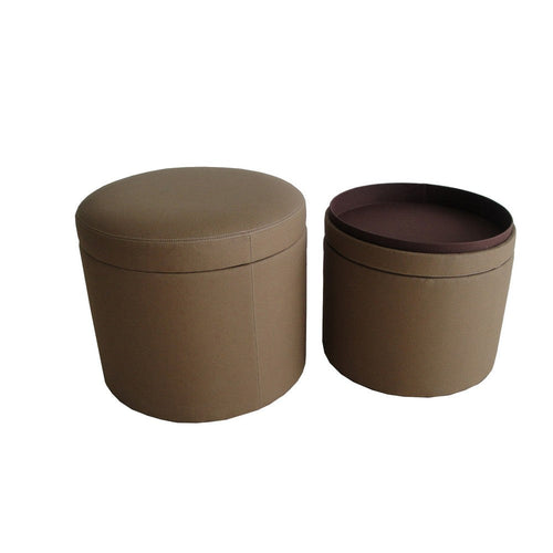 Fabric Upholstered Round Ottoman with Double Stitch Details, Brown