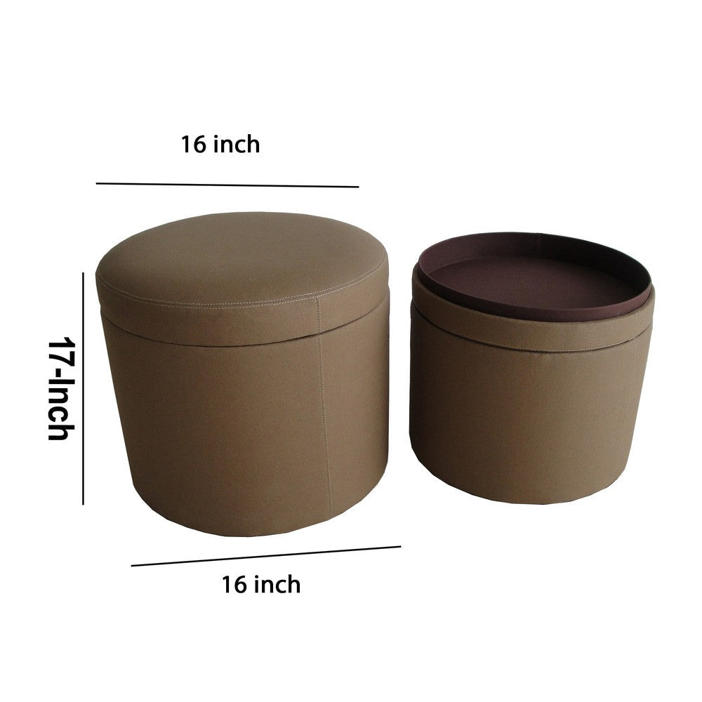 Fabric Upholstered Round Ottoman with Double Stitch Details Brown BM205927