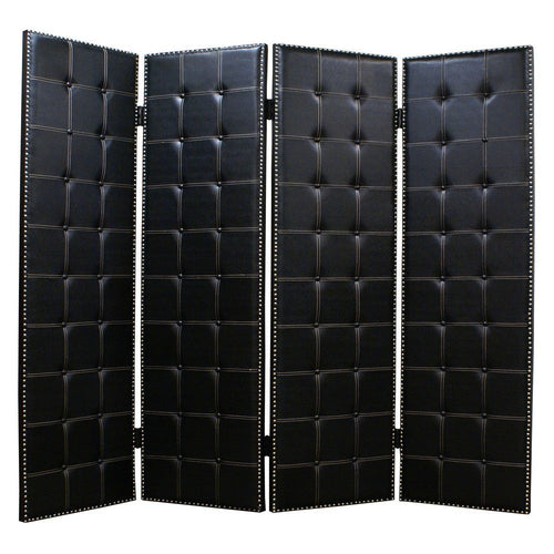 Wooden 4 Panel Screen with Leatherette Button Tufting Details, Black