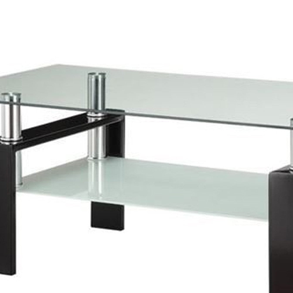 Glass Top Coffee Table with Metal Base and 1 Bottom Shelf Clear and Black BM206516