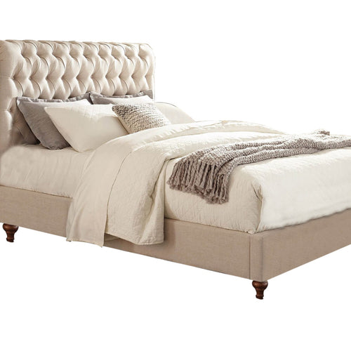 Fabric Upholstered Wooden Queen Bed with Button Tufted Headboard, Beige