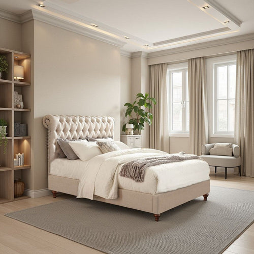 Bed | King Size | Wood | Button Tufted Headboard | Beige