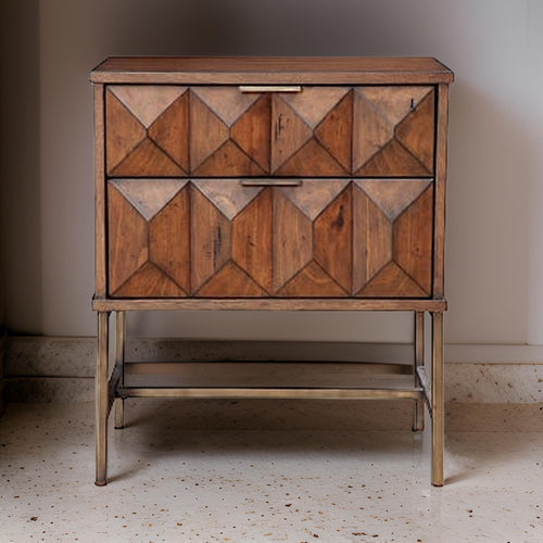 Nightstand | 2 Drawer | Honeycomb Design | Metal Legs | Brown
