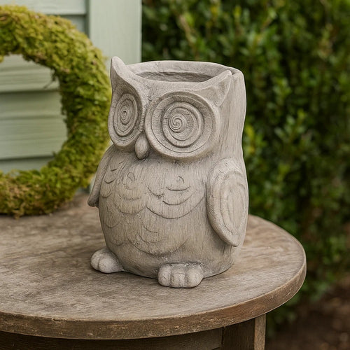 Planter | Owl Head | Polyresin | Antique Styled | Gray