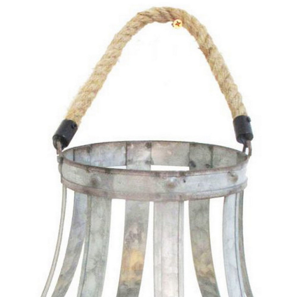 Transitional Metal Candle Holder with Rope and Glass Shade, Gray By Casagear Home