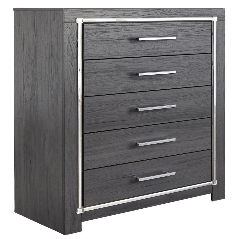 Ashley 5 Drawer Wooden Chest with Metal Bar Handles, Gray