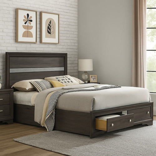 Bed | Queen | Plank Headboard | 2 Drawers | Brown & Silver