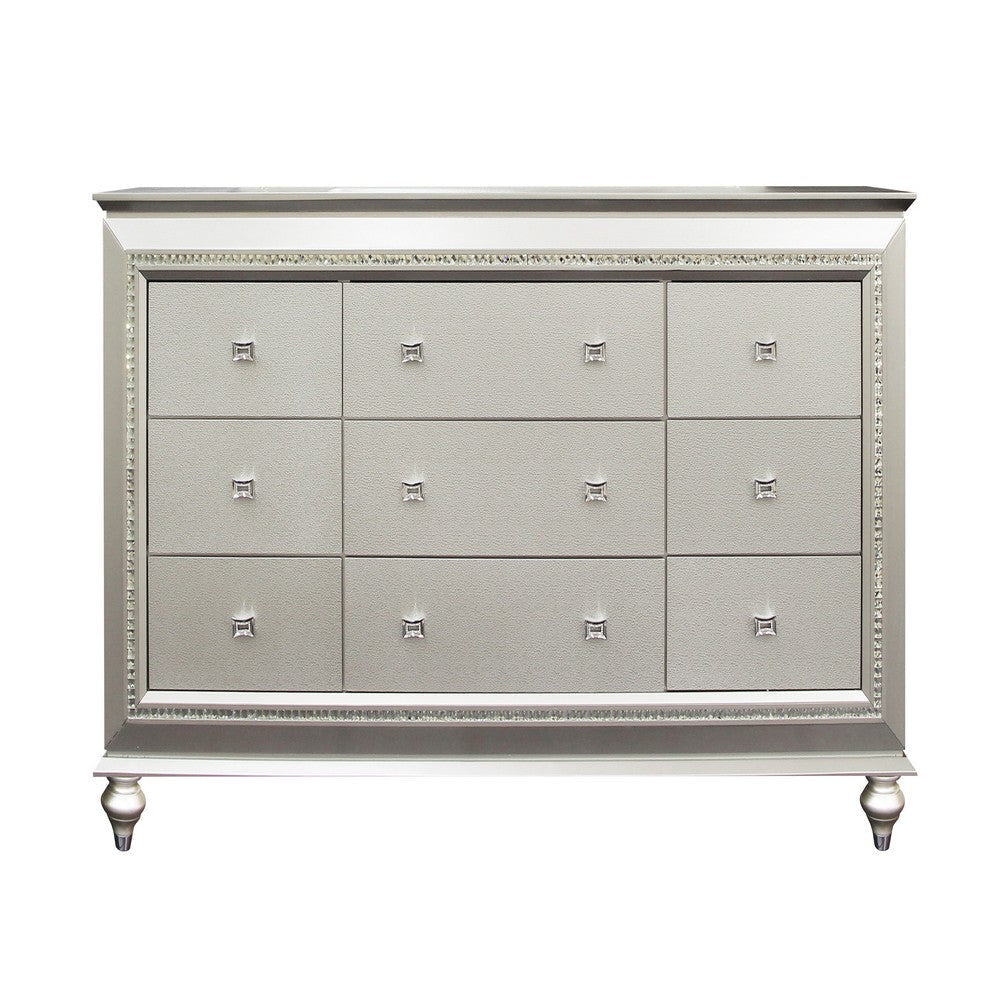 9 Drawer Spacious Desser with Mirror Beveled Pulls and Bun Feet Silver BM207488