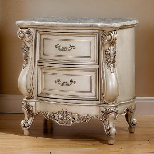 Nightstand | 2 Drawer | Raised Scrolled Floral Molding | White