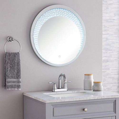 Round Accent Wall Decor with LED Bulb and Beveled Edges, Silver