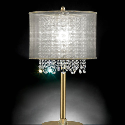 Table Lamp with Hanging Crystal Droplets and White Drum Shade, Gold