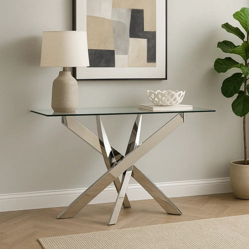 Sofa Table | Criss Cross Base | Rectangular Glass Top | 48" | Silver & Clear
