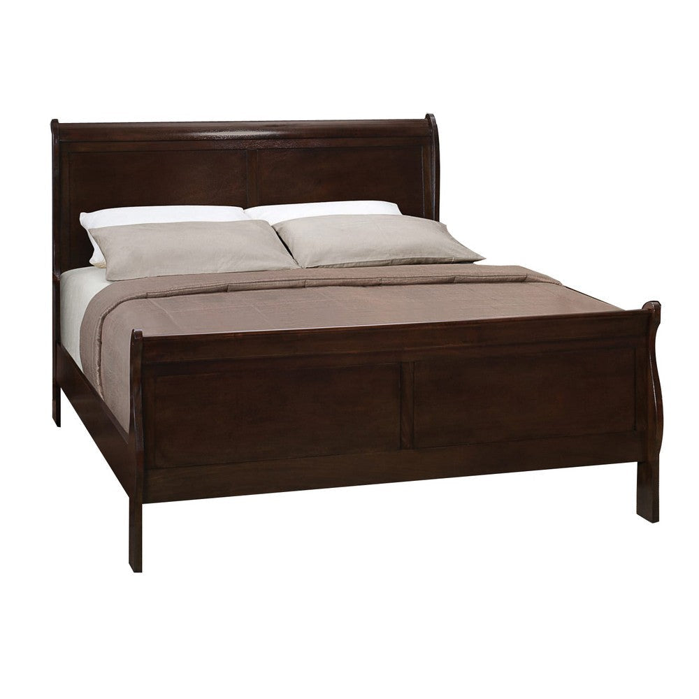 Wood Queen Bed | Traditional Style | Curved Headboard | Brown