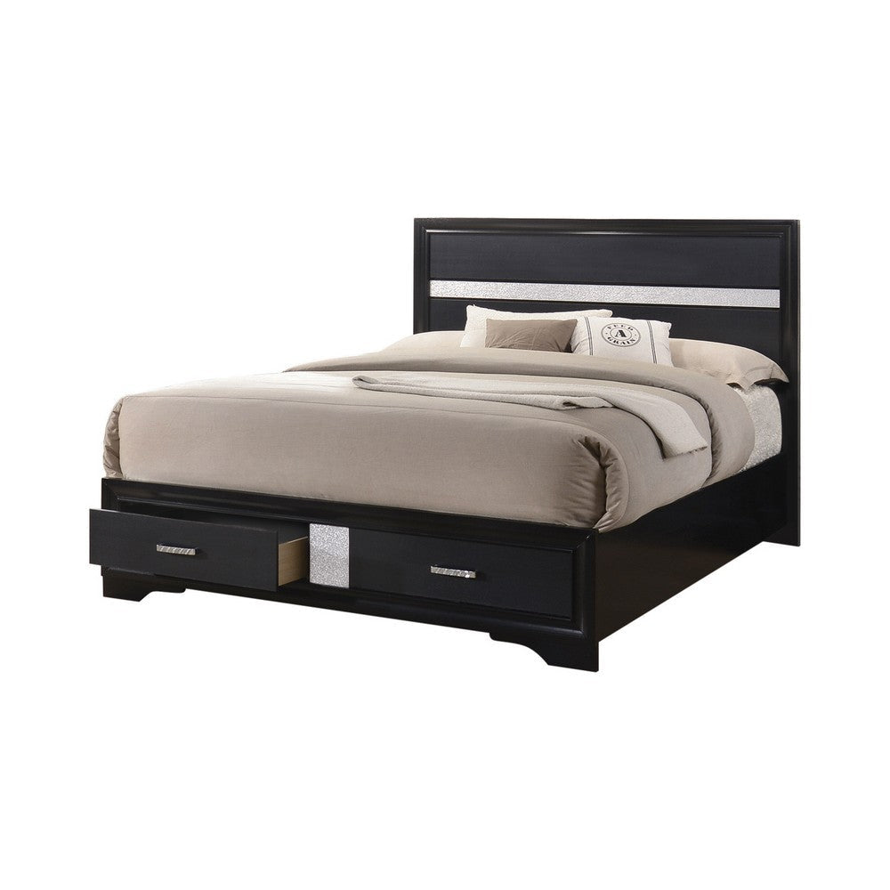 Wood Queen Bed | 2 Drawers | Glitter Stripe | Transitional | Black
