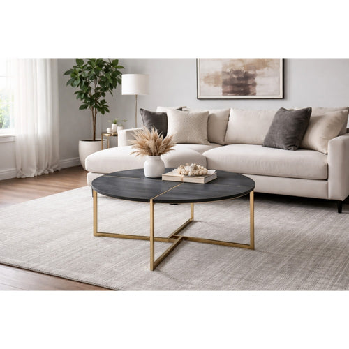 Coffee Table | X Metal Base | 36" Round Wood Top | Gold & Gray