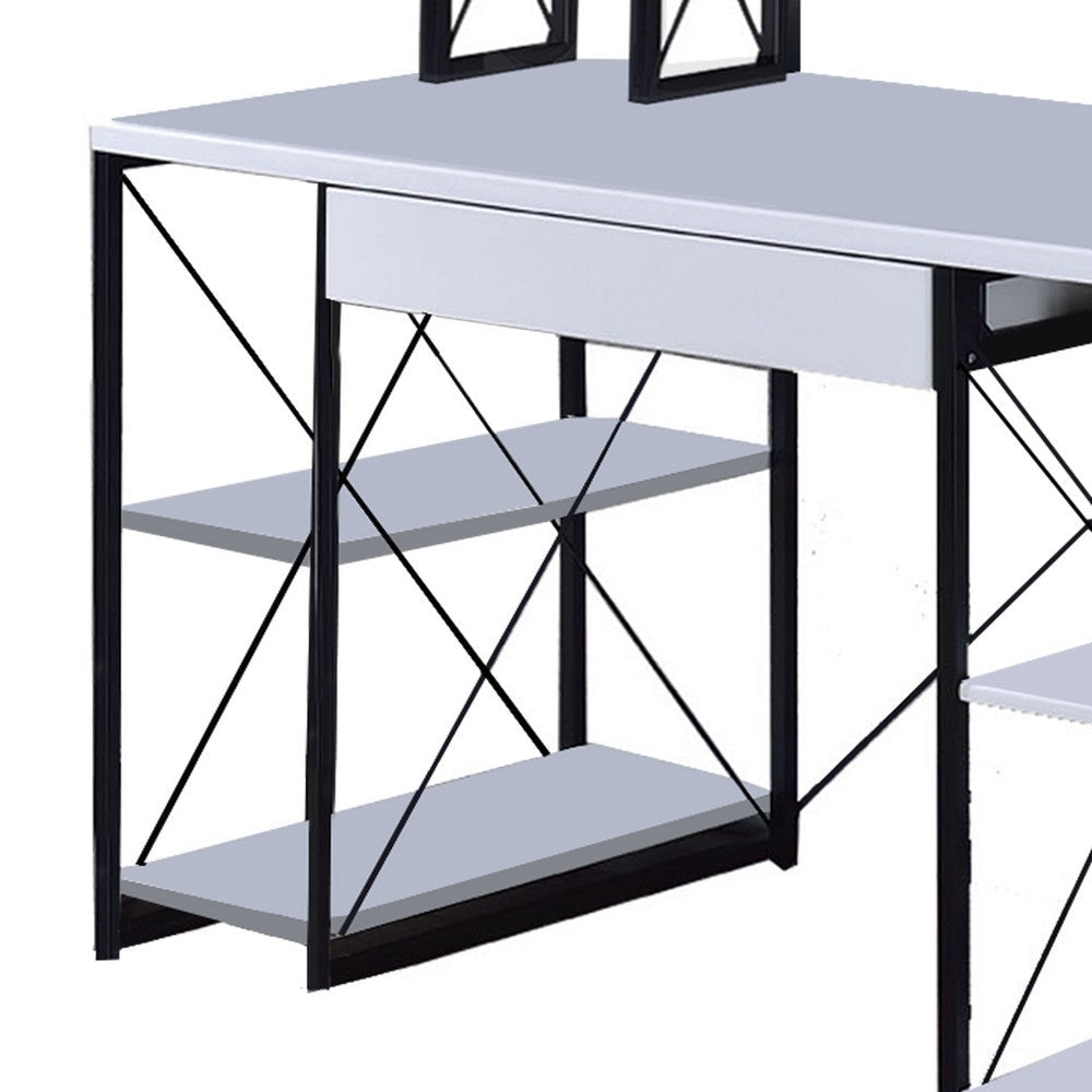 Industrial Style Desk with 4 Open Selves and Bookcase Hutch White BM209614