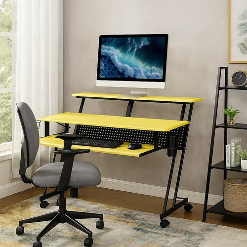 Rectangular Top Computer Desk with 1 Shelf and 1 Cupholder,Black and Yellow