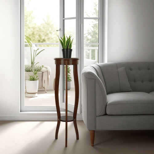 Pedestal Stand | Round | Bottom Shelf | Flared Legs | Brown