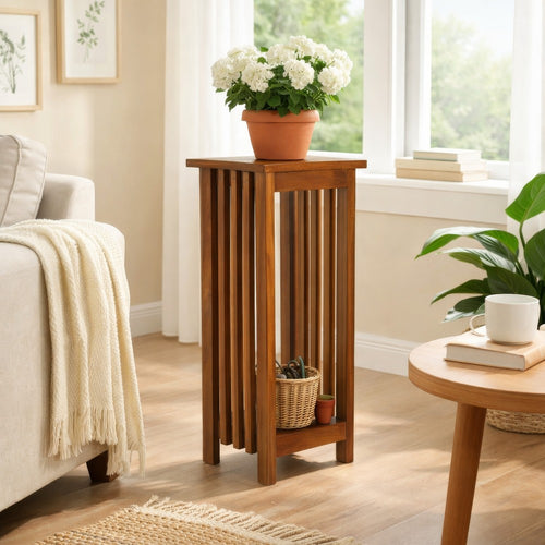 Flower Stand | Wood | 30" | Bottom Shelf | Slatted Sides | Brown