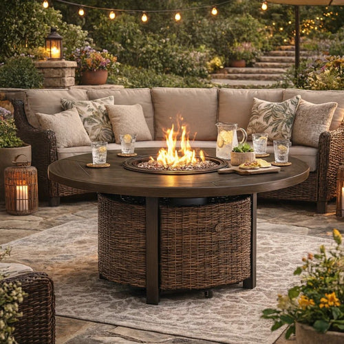 Fire Pit Table | 48" Round | Handwoven Resin Wicker | Brown